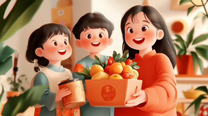 Joyful siblings sharing a basket of fresh fruits