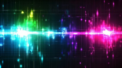 Fototapeta premium Bright, abstract digital grid background with neon green, blue, and pink glowing light streaks, creating a futuristic, high-tech vibe. AI generative.