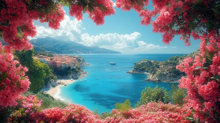 Naklejka premium stunning seafront landscape adorned with vibrant azalea flowers, overlooking a picturesque coastal town on the french riviera under a clear blue sky