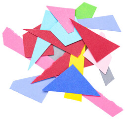 Stack of colorful scraps, stripes or snippets of cut out paper or cardboard, isolated png on transparent background design element