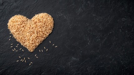 Obraz premium Artistic rice grains arranged in a heart shape on a dark background, rice heart, symbol of care