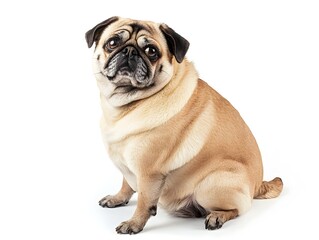 Obraz premium Chubby Pug Dog Sitting Contently on White Background