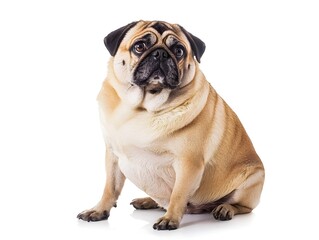Obraz premium Chubby Pug Dog Sitting Contently on White Background with Copy Space