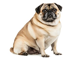 Chubby Pug Sitting Contently on White Background with Friendly Face and Fur Rolls