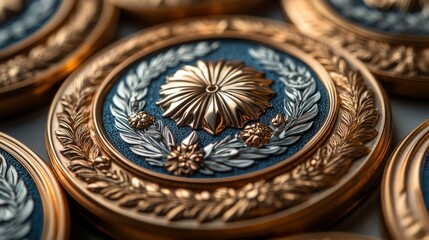Obraz premium Close-up of a Decorative Medallion with Golden and Silver Details
