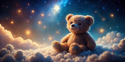 Adorable Teddy Bear on a Cloud in Starry Night Sky - Children's Illustration