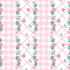 Vector pattern of fabric, wallpaper, wrapping paper, mats and bed sheets. Continuous and repeatable. Cute style. Designed in plaid alternating with small flowers and diamond-shaped horizontal grids.
