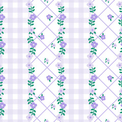 Vector pattern of fabric, wallpaper, wrapping paper, mats and bed sheets. Continuous and repeatable. Cute style. Designed in plaid alternating with small flowers and diamond-shaped horizontal grids.