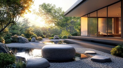 Tranquil garden retreat at sunrise with modern architecture and serene water features in lush greenery
