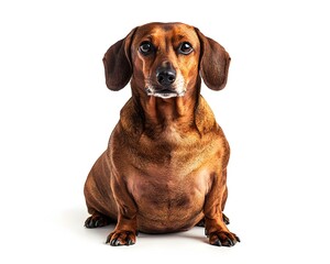 Overweight Dachshund Dog Sitting with Playful Expression on White Background