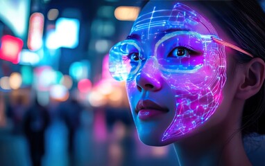 Woman with Futuristic Digital Face Overlay