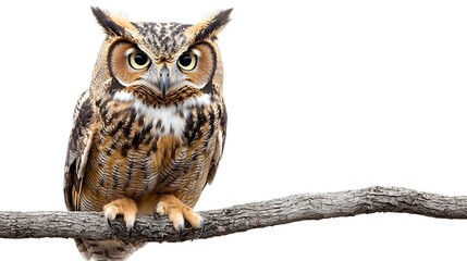 Plump Owl Perched on Branch with Piercing Eyes on Stark White Background