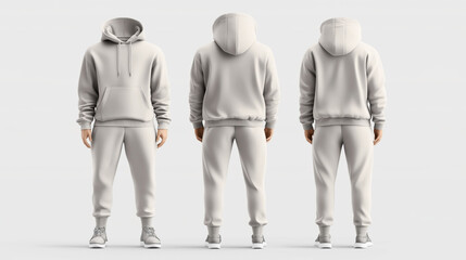 Obraz premium Three views of a mannequin wearing a neutral-colored hooded sweatshirt and sweatpants set with sneakers, displayed against a light background.