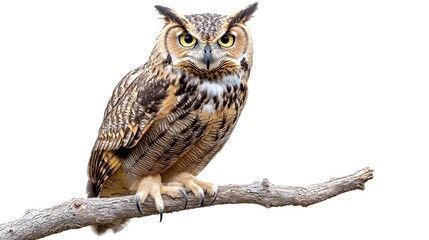 Naklejka premium Heavyweight Owl Perched on Branch Feathers Puffed Intense Stare on White Background