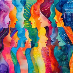 Abstract colorful watercolor painting, woman diversity for International Women's Day, Mother's Day design concept.
