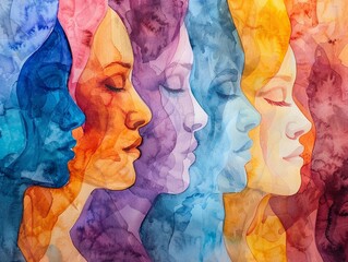 Abstract colorful watercolor painting, woman diversity for International Women's Day, Mother's Day design concept.