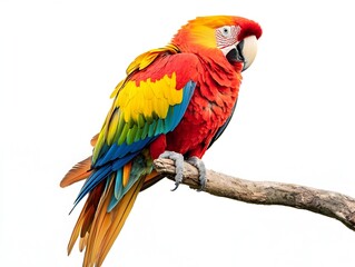 Fototapeta premium Vibrant Feathered Parrot Perched Proudly on Branch Against White Backdrop with Copy Space