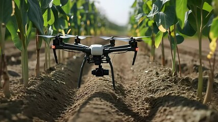 A drone positioned between rows of corn in a field, equipped with a camera for agricultural monitoring and data collection.