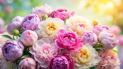 Vibrant peonies in soft pastel hues arranged in a lush bouquet, floral arrangements, fresh blooms, flowers