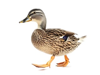 Chubby Duck Waddling with Fluffy Feathers on Bright White Background