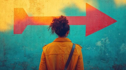 Woman Standing Before a Street Art Arrow - Decision and Direction