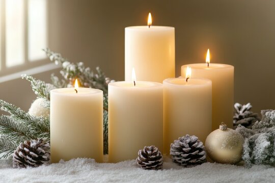 Four Lit Candles in a Snowy Setting with Pine Cones and a Christmas Ornament