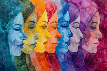 Abstract colorful watercolor painting, woman diversity for International Women's Day, Mother's Day design concept.