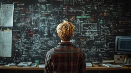 Young Man Studying In Front of a Chalkboard Filled with Notes