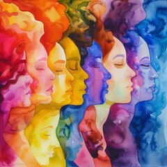 Abstract colorful watercolor painting, woman diversity for International Women's Day, Mother's Day design concept.