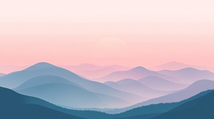 Obraz premium Serene mountain landscape at sunrise with soft pastel colors creating a tranquil atmosphere.