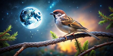 A nocturnal dance: a sparrow's wings trace a path through the dark.