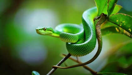 Obraz premium A green snake sitting on a branch