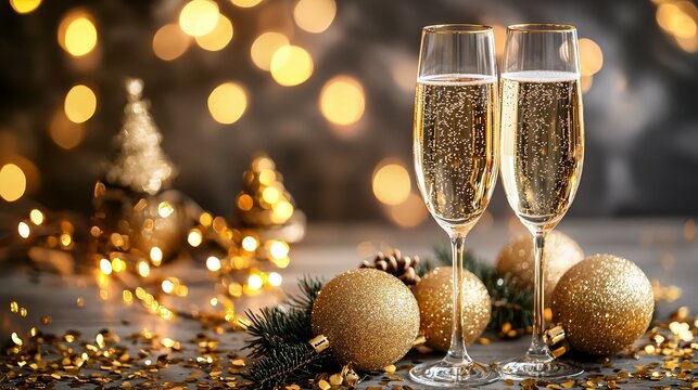Two elegant champagne flutes with bubbly drink, surrounded by festive gold decorations and soft glowing lights.
