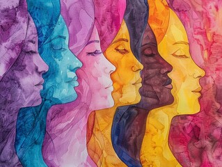 Abstract colorful watercolor painting, woman diversity for International Women's Day, Mother's Day design concept.