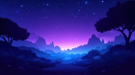 Fototapeta premium A breathtaking twilight in a serene valley, revealing the mysterious contours of mountains and trees under a starry sky