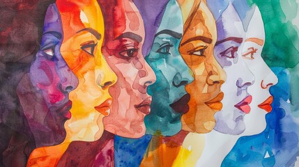 Abstract colorful watercolor painting, woman diversity for International Women's Day, Mother's Day design concept.