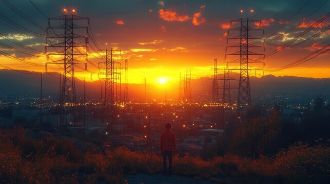 substation at sunset, featuring detailed switchgear and transmission towers, bathed in golden hour light, illuminating the intricate details of the electrical infrastructure against a serene sky