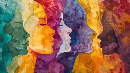 Abstract colorful watercolor painting, woman diversity for International Women's Day, Mother's Day design concept.