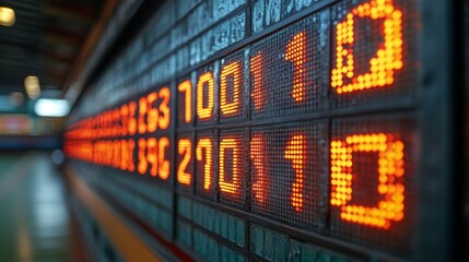 Closeup of an Orange LED Digital Display Board with Numbers