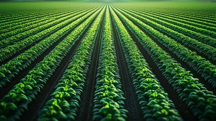 Aerial view of lush green rows in a vibrant farm field, showcasing healthy plants in perfect symmetry.