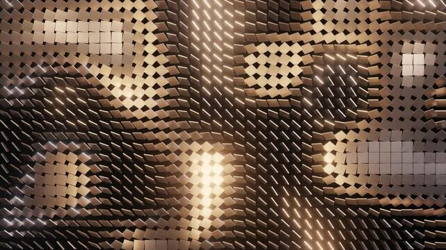 Dynamic wavy metallic grid with illuminated patterns, creating a textured and futuristic background ideal for technology or luxury design themes.