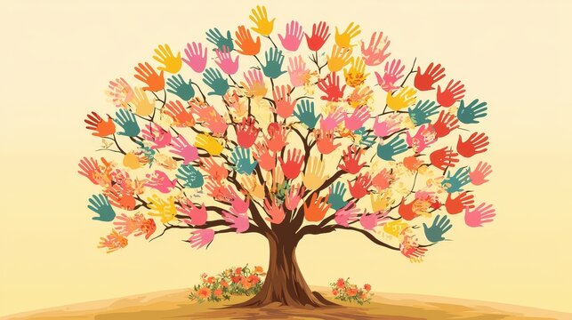 Colorful tree with handprints representing unity and diversity on a warm background.