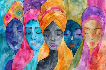 Abstract colorful watercolor painting, woman diversity for International Women's Day, Mother's Day design concept.