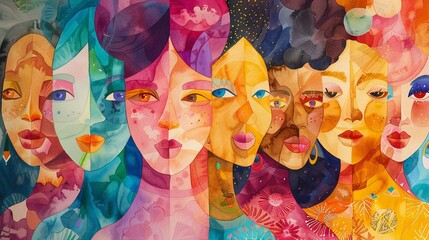 Abstract colorful watercolor painting, woman diversity for International Women's Day, Mother's Day design concept.