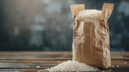 Obraz premium Traditional rice packaging in a rustic kitchen, grain spilling slightly, rice packaging, kitchen decor