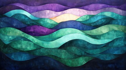 Abstract waves in vibrant hues create a harmonious coastal landscape at sunset