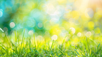 Obraz premium Sunny Spring Meadow Blur Background: Gradient from Blue Sky to Green Grass