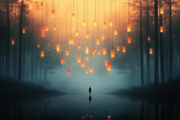 Obraz premium Serene Evening with Lanterns in Misty Forest