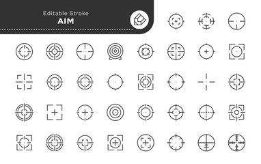 Aim, target line icon set. A sight for aiming a weapon at a target. Series in linear style. Outline icon collection. Conceptual vector pictogram