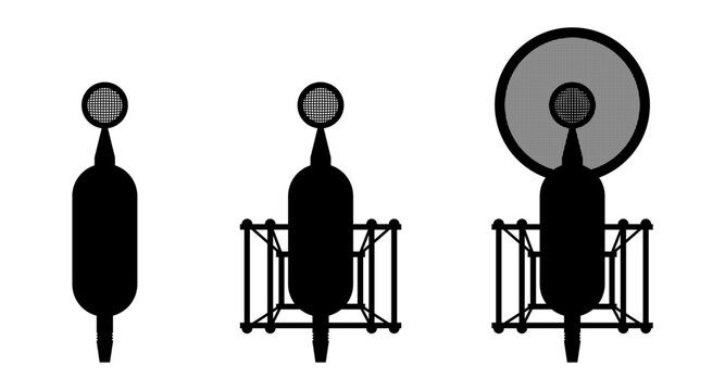 Music recording studio condenser microphone silhouette icon set. Podcast and singer voice recording mic symbol silhouette collection. Isolated eps illustration
